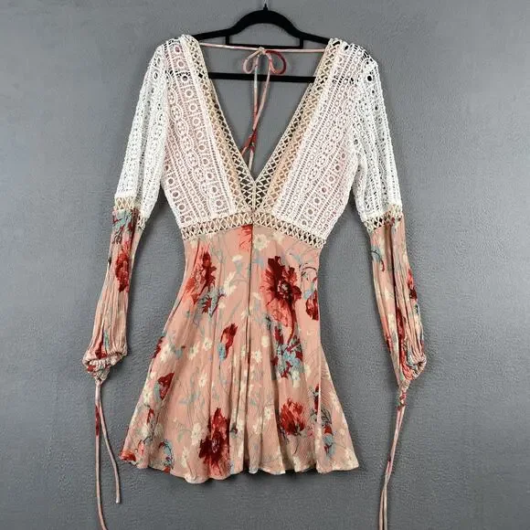 Selfie Leslie Dress Womens Small Floral Lace Boho Long Sleeve Crochet Trim Mini - Picture 6 of 15